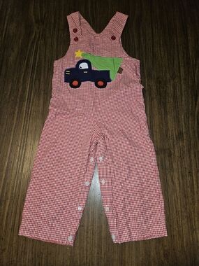 Red Gingham Kids Overalls with Navy Truck Applique